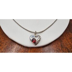 925 Silver and Garnet Heart Filigree Pendant Necklace 20" 9.85gm